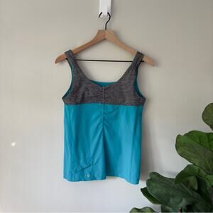 Lululemon Teal and Gray Athletic Tank Top Logo Pocket Ruched Stretch Sleeveless